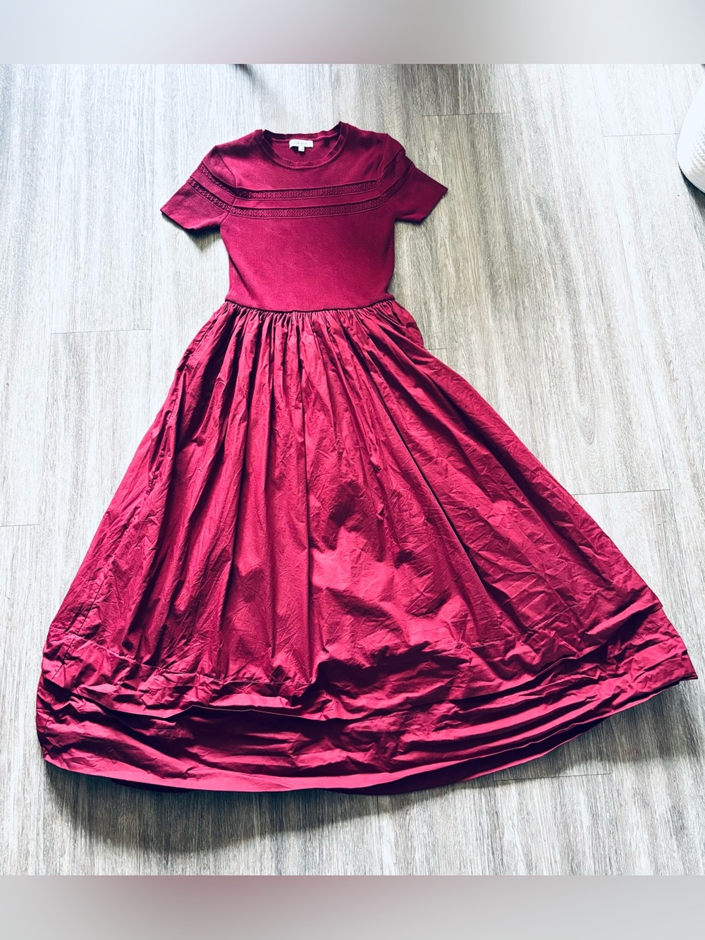 Moon River Burgundy Short-Sleeve Knit Top Fit & Full Skirt Dress